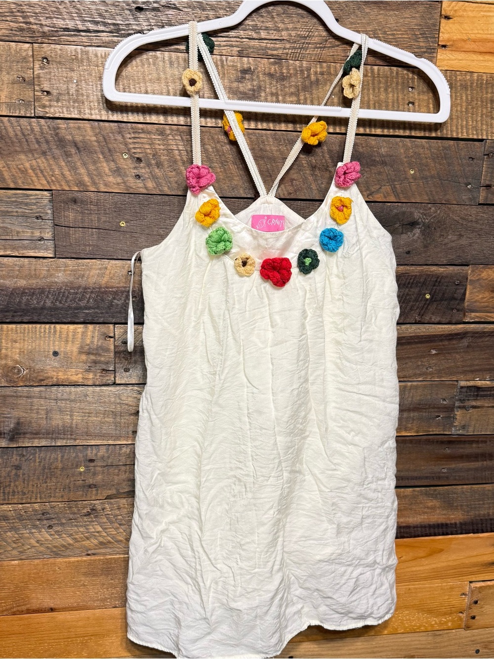 Vintage Crazy Fish Womens Small Ivory Crochet Flowers Lined Cotton Boho Dress